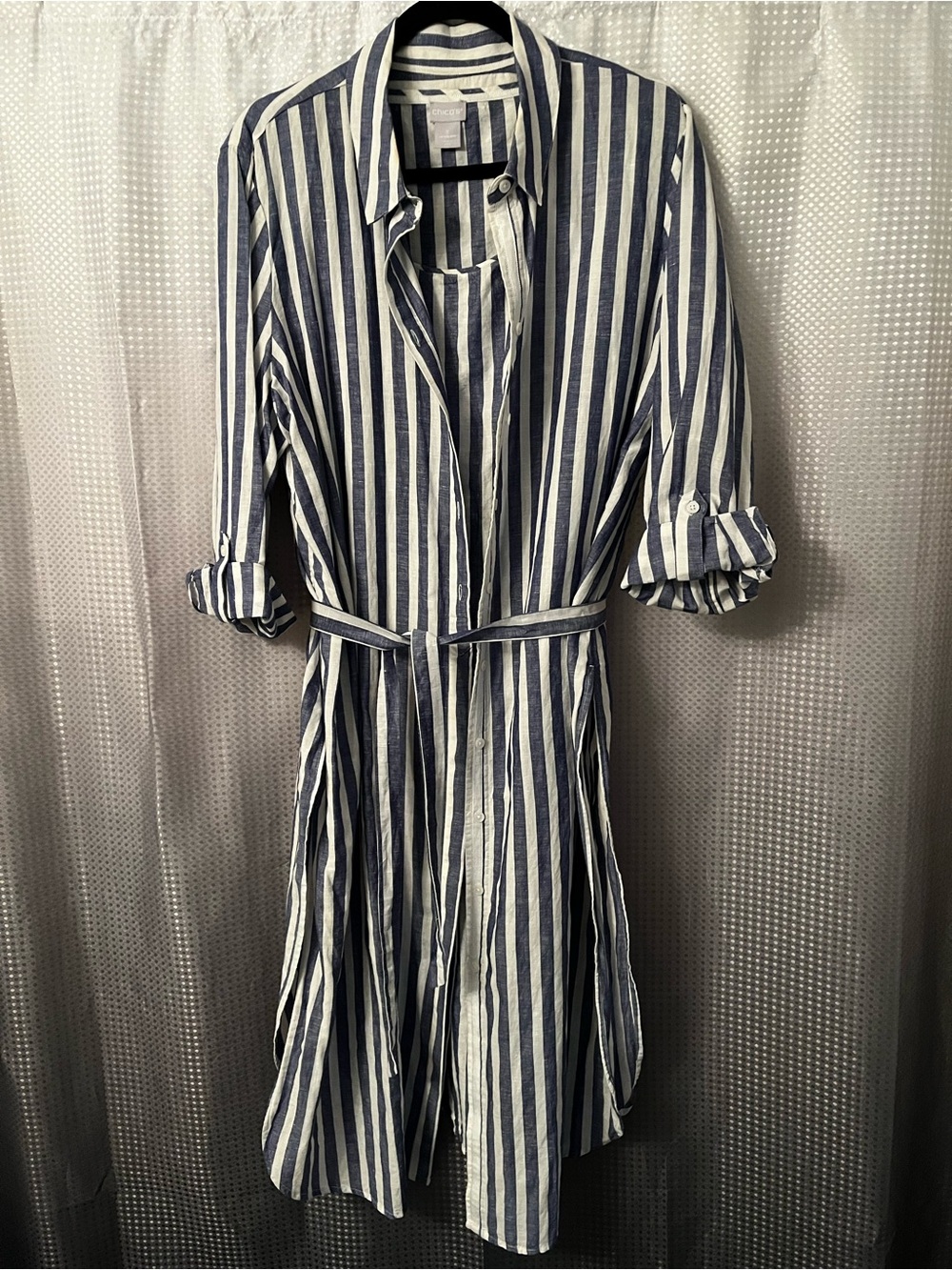 Chico's Navy Striped No Iron Linen Shirt Dress, Tie Belt & Bonus Matching Tank